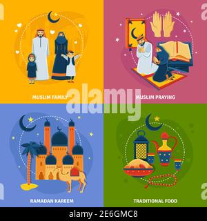 Islam Ikonen mit muslimischen Familie Ramadan Kareem traditionellen Essen eingestellt Und muslimische betende Symbole flach isoliert Vektor-Illustration Stock Vektor