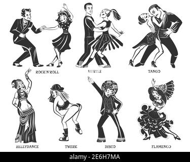 Natives beliebtes Tanzpaar und individuelle Performance schwarze Symbole Set Mit Disco und Flamenco isolierte Vektor-Illustration Stock Vektor