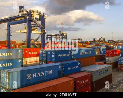 Container an den Felixstowe Docks warten darauf, von einem Kran beladen zu werden. Stockfoto