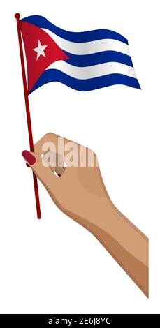Weibliche Hand hält sanft kleine Flagge von Kuba. Design-Element Urlaub. Cartoon-Vektor auf weißem Hintergrund Stock Vektor