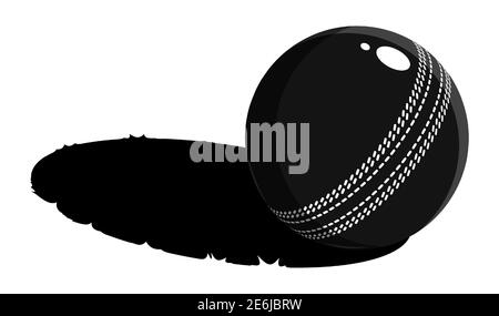 Schwarz und weiß Cricket Sportball liegt auf Gras. Schatten auf Sportplatz. Minimalistischer Kontrastvektor Stock Vektor