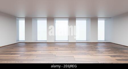 Leere weiße Wohnung mit Parkettboden mit Säulen 3D Darstellung rendern Stockfoto