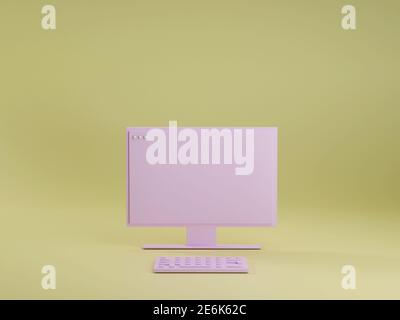 Rosa pc-Computer mit Tastatur auf gelbem Studiohintergrund. Technologiekonzept 3d-Rendering. Moderne Home-Office-Workstation. Minimalistischer Stil. Stockfoto