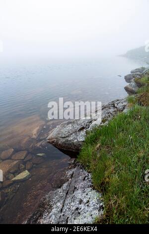 Dichter Nebel über dem See Soddatjorna in Forsand, Norwegen Stockfoto