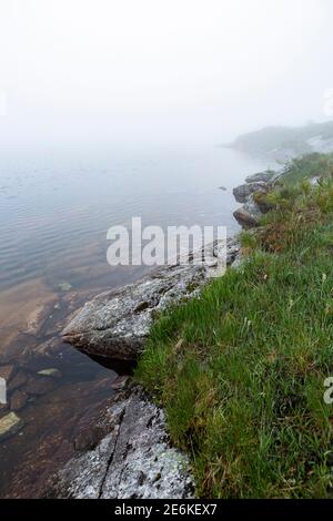 Dichter Nebel über dem See Soddatjorna in Forsand, Norwegen Stockfoto