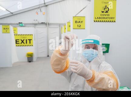 Ein Labortechniker mit einem Tupfer in der Testanlage von RocDoc im Blue Car Park am Flughafen Dublin für Spediteure, die nach Frankreich reisen. Das Unternehmen hat zusätzliche Drive-Thru-Testservices auf den Flughäfen Cork und Shannon für Spediteure angekündigt, die in Autos ankommen. Stockfoto