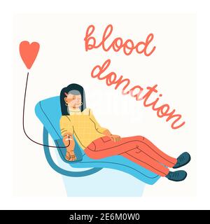 Vektor-Illustration einer Frau freiwillig spendet Blut. Konzept der Blutspende. Flacher Trendcharakter. Stock Vektor