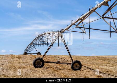 Bewegliches Bewässerungssystem auf einem trockenen Stoppelfeld in Alentejo, Portugal Stockfoto