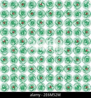 Abstrakt Weihnachten Beeren gekritzelte Tinte Linie Kreis Vektor nahtlose Muster Hintergrund. Hand gezeichnet Pinsel Strich grün rot weiß Laub Hintergrund Stock Vektor