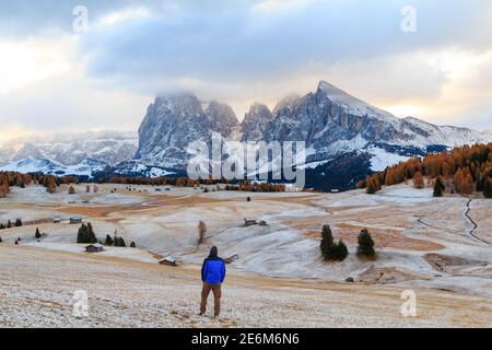 Bergwiese und Holzhaus Seiser Alm oder Seiser Alm der Langkofel mit der Provinz Bozen, Südtirol in den Dolomiten bei Italien Stockfoto