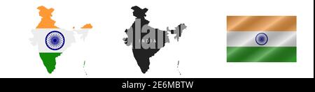 Indien. Karte mit maskierter Flagge. Detailreiche Silhouette. Winkende Flagge. Vektorgrafik isoliert auf Weiß. Stock Vektor