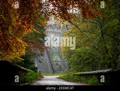 Landschaft Spaziergang durch Herbstbäume orange Blätter fallen Farben Damm Wand Reservoir Aussichtspunkt Wand Turm Baldachin romantische Bäume im Wald Gelbgrün Stockfoto