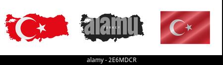 Türkei. Karte mit maskierter Flagge. Detailreiche Silhouette. Winkende Flagge. Vektorgrafik isoliert auf Weiß. Stock Vektor