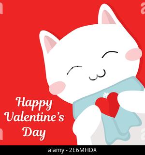 Süße weiße Katze mit rotem Herz Happy Valentine's Day Karte vektorgrafik Stock Vektor