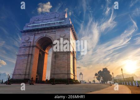 India Gate in Neu Delhi, Blick auf den Sonnenuntergang Stockfoto