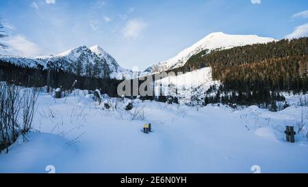 Schöne Winterberglandschaft in der Tatra. Berge in den Wolken. Berge im Winter. Blick auf die Gipfel Stockfoto