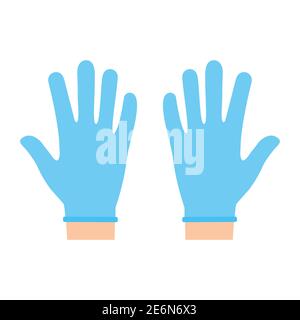 Hände mit blauen Latexhandschuhen. Schutzsymbol gegen Viren und Bakterien. Medizinische Konzept Vektor-Illustration isoliert auf weiß Stock Vektor