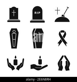 Beerdigung Icon Set. Todeskonzept. Religion Begräbnis Symbol Sammlung. Vektor auf Weiß isoliert Stock Vektor