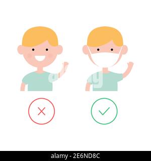 Nette lustige junge tragen mit medizinischen Maske und ohne. Kind in Rauchmaske Poster. Vektor-flache Abbildung isoliert auf weißem Hintergrund. Stock Vektor