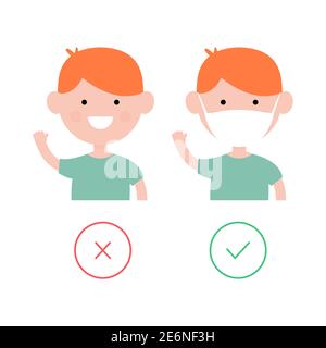 Nette lustige junge tragen mit medizinischen Maske und ohne. Kind in Rauchmaske Poster. Vektor-flache Abbildung isoliert auf weißem Hintergrund. Stock Vektor