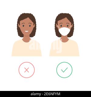 Afrikanische Frauen tragen mit medizinischer Maske und ohne. Poster mit Maske erforderlich. Vektor-flache Abbildung isoliert auf weißem Hintergrund. Stock Vektor