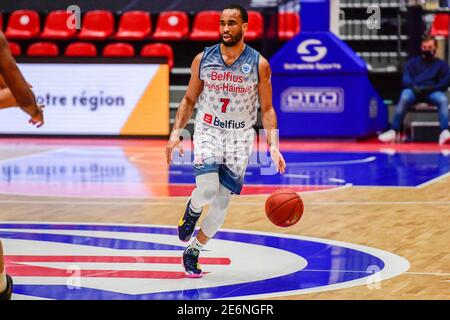 DEN B.Sc., NIEDERLANDE - 29. JANUAR: Jabril Durham von Belfius Mons-Hennegau während des Fiba Europe Cup-Spiels zwischen Belfius Mons-Hennegau und Iraklis BC am 29. Januar 2021 in Maaspoort in Den Bosch, Niederlande (Foto: Bert van Berkum/Orange Pictures) Credit: Orange Pics BV/Alamy Live News Stockfoto