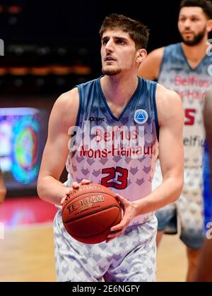 DEN B.Sc., NIEDERLANDE - 29. JANUAR: Ajdin Penava von Belfius Mons-Hennegau während des Fiba Europe Cup Spiels zwischen Belfius Mons-Hennegau und Iraklis BC am 29. Januar 2021 in Maaspoort in Den Bosch, Niederlande (Foto: Bert van Berkum/Orange Pictures) Credit: Orange Pics BV/Alamy Live News Stockfoto