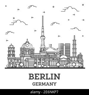Übersicht Berlin Deutschland Skyline der Stadt mit historischen Gebäuden isoliert auf Weiss. Vector Illustration. Berliner Stadtbild mit Sehenswürdigkeiten. Stock Vektor