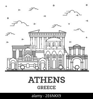 Umrisse Athen Griechenland Skyline der Stadt mit historischen Gebäuden isoliert auf Weiss. Vector Illustration. Athen Stadtbild mit Sehenswürdigkeiten. Stock Vektor