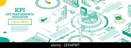 KPI Key Performance Indicator. Vektorgrafik. Isometrisches Konzept der Geschäftsleistungsstrategie und -Analyse. Infografik-Diagramme Skizzieren. Stock Vektor