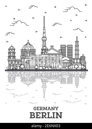 Übersicht Berlin Deutschland Skyline der Stadt mit historischen Gebäuden und Reflexionen isoliert auf Weiss. Vector Illustration. Berliner Stadtbild mit Sehenswürdigkeiten. Stock Vektor