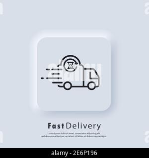 LKW-Symbol für schnelle Lieferung. Express-Lieferlogo. Vektor. UI-Symbol. Distributionsservice, Expresstransport. Lieferung von Lebensmitteln. Neumorphic UI UX weiß Stock Vektor