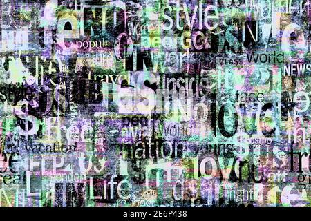Abstrakte Grunge urban helle Farben chaotisches Muster mit Worten, Buchstaben. Alt gealterte Zeitung, Magazin Texture Papier Hintergrund. Leuchtendes, farbenfrohes Schwarz Stockfoto