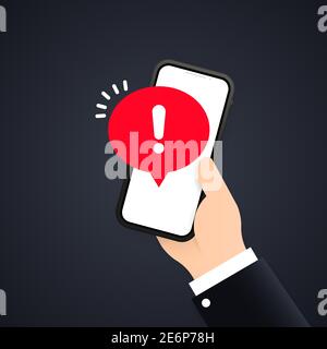 Handybildschirm mit einer Warnung vor Spam, sicherer Verbindung, Betrug, Viren. Alarmmeldung und neue Nachricht. Warnungen zu Gefahrenfehlern, Computer viru Stock Vektor