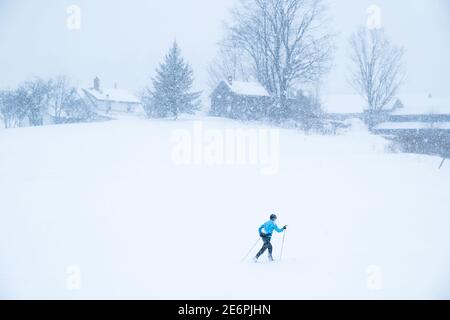 Skilanglauf im Neuschnee, East Montpelier, VT, USA. Stockfoto