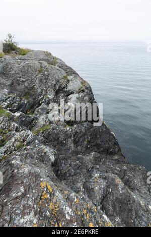 Nebliger Morgenspaziergang an der Küste von Jelsa mit Aussicht Zur nebligen Nordsee am Boknafjord in Norwegen Stockfoto