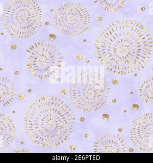Abstraktes Nahtloses Muster mit 3d golden glitzernder Acrylfarbe runde Spiralkreise, Polka Punkt auf pastellviolettem Hintergrund. Handgezeichneter Glitzer-Text Stockfoto