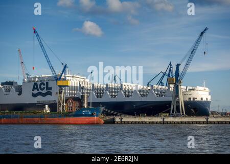 Blick über die Elbe vom Elbstrand auf die Schiffe und Kräne in Hamburg Docks, Deutschland Stockfoto