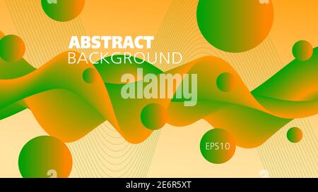 Leuchtend orange, grüne Flüssigkeit. Farbiger Hintergrund. Abstraktes Wellenmuster und Kugeln. Fließende 3d-Form, Bewegungsillusion. Futuristisches Design. EPS10 Stock Vektor