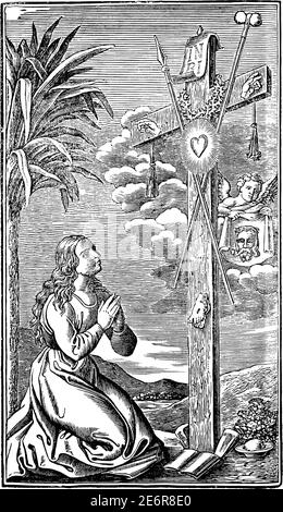 Frau kniet und betet zu Herzen, Händen und Füßen von Jesus Christus am Kreuz oder Kruzifix. Antike Vintage christian religiöse Gravur oder Zeichnung Illustration. Stock Vektor