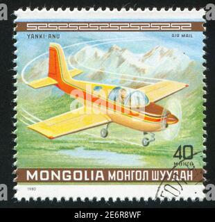 MONGOLEI - UM 1980: Stempel gedruckt von der Mongolei, zeigt Flugzeug, um 1980 Stockfoto