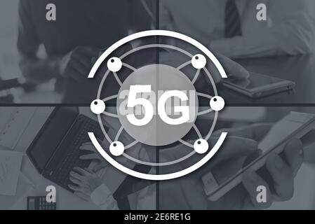 5g-Konzept illustriert durch Bilder im Hintergrund Stockfoto