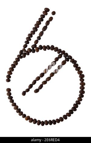 Nummer 6 aus gerösteten Kaffeesamen isoliert auf weißem Hintergrund mit Beschneidungspfad von oben kann für Ihre Nachrichten verwenden. Selektiver Fokus. Stockfoto