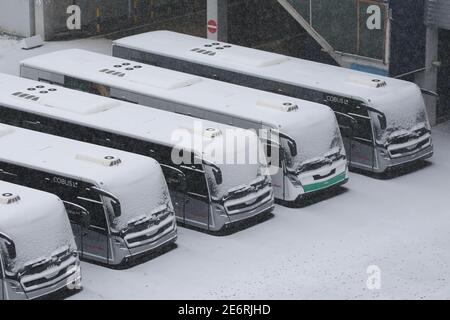 Hamburg, Deutschland. Januar 2021. Bei Schneefall stehen am Hamburg Airport eingeschneite Busse ab. Kredit: Bodo Marks/dpa/Alamy Live Nachrichten Stockfoto