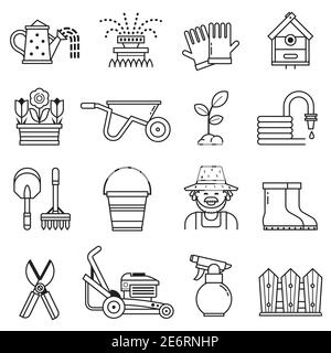 Spring Gardening Icons Set in Line Art Stock Vektor