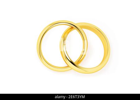 Zwei verflochtenen goldenen Eheringe isoliert auf weißem Hintergrund. Stockfoto
