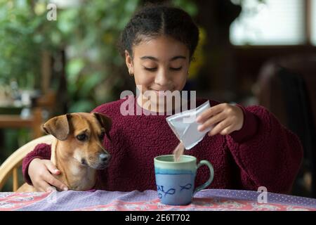 Porträt von Biracial elf Jahre altes Mädchen mit Arm um kleine Hund Stockfoto