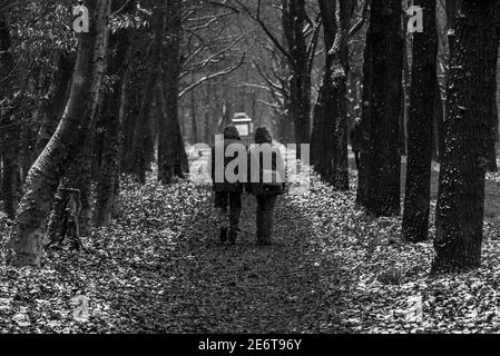 Ein Paar macht einen Spaziergang, während es schneit, ein Paar geht im Schnee, leichter Schneefall, Schwarz-Weiß-Foto Stockfoto