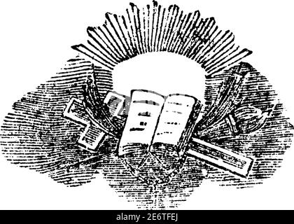 Öffnen sie bibel und Kreuz.Antike historische christliche religiöse Gravur oder Zeichnung Illustration. Stock Vektor