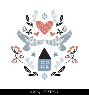 Valentine's Day Home Illustration mit Vögel Stock Illustration. Tierischer Körperteil, Tierflügel, Kunst, Beerenobst, Vogel Stock Vektor